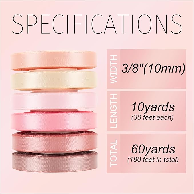 Pink Ribbon 3/8 Inch x 60Yds Assorted Thin Double Faced Satin, Dusty Rose, Rose Gold, Peach, Vanilla, Pink Ribbon for Flower Bouquet Gift Wrapping Wedding Invitation Bridal Shower Hair Bows Crafts