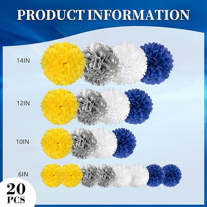 20 PCS Tissue Paper Pom Poms, Tissue Pom Poms Flowers, Sizes of 6", 10", 12", 14" Hanging Paper Flower Ball for Wedding, Birthday, Graduation, Baby Shower Party Decor (Yellow White Silver Blue)