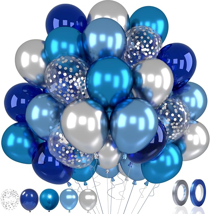 Patimate Blue Silver Balloons Set, 50 pcs 12 inch Metallic Navy Royal Blue Silver Confetti Latex Balloons Kit for Boy Men Birthday Retirement Baby Shower Graduation Party Decorations