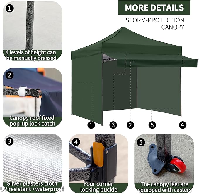 10x10 Pop up Canopy Tent with Awning Easy up Canopy with Wheel Bag Heavy Duty Waterproof Canopy Commercial Gazebo Tent for Outdoors Parties Vendors(Dark Green