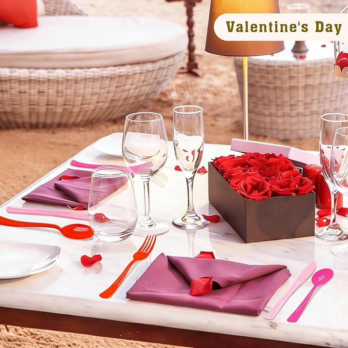 153 Pcs Valentine's Day Plastic Silverware Heavy Duty Disposable Tableware Sets Includes Spoons Forks Knives for Valentine's Day Party Decorations (Pink, Hot Pink, Red)