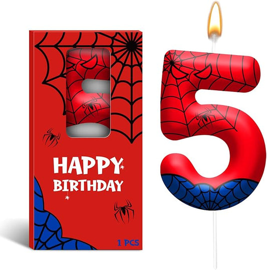 Spider Themed Birthday Candles Number 5 Red Blue Spider Web Themed Cake Topper Candle Party Decoration Birthday Party Celebrations Supplies Favors(Number 5)