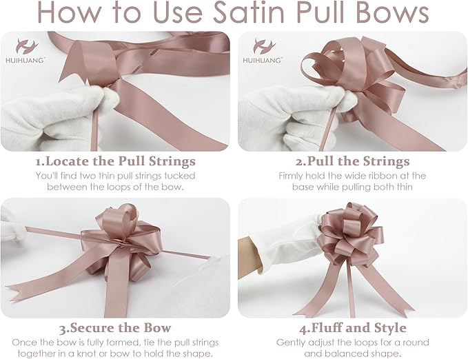 HUIHUANG Dusty Rose Bows 12 PCS Dusty Pink Pull Bows 4" x 8" Satin Present Bow for Gift Wrapping, Gift Basket, Paper Bag, Wrapping Accessories, Bridal Shower Wedding Christmas Decor