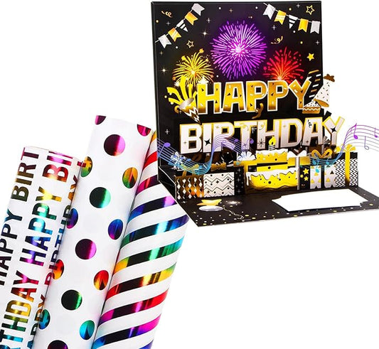 Ribbli Fireworks Musical Birthday Card and Iridescent Birthday Wrapping Paper