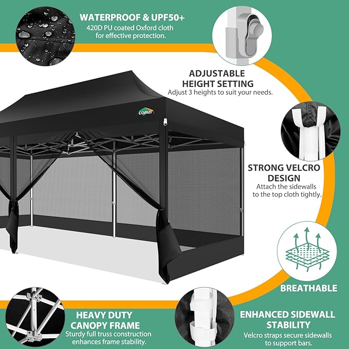 COBIZI 10x20 Heavy Duty Pop up Canopy with 6 Sidewalls, Canopy Tent with Mosquito Netting, Easy up Screen Party Tent for Parties Wedding Outdoor Patio Commercial Gazebo with Roller Bag, Black