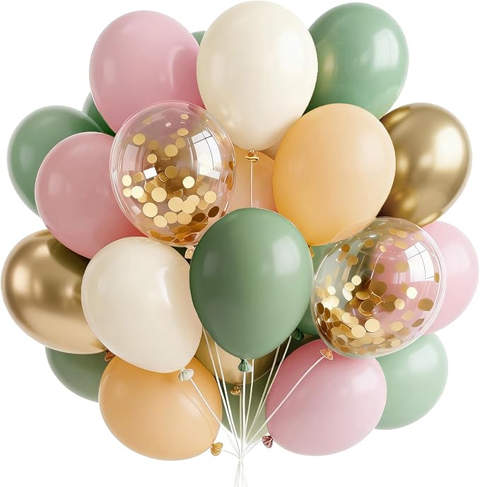 PartyWoo Pink and Green Balloons 66pcs 12 Inch Metallic Gold Sand White Sage Green Nude Dusty Pink Gold Confetti Balloons for Baby Shower Wedding Engagement Princess Birthday Party Decorations