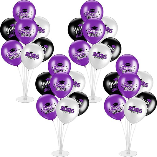 4 Set Graduation Party Balloon Stand Kits for Table Centerpieces Balloon Tables Holders with Congrats 2026 Graduation Party Decorations for School College Photo Props(Purple)