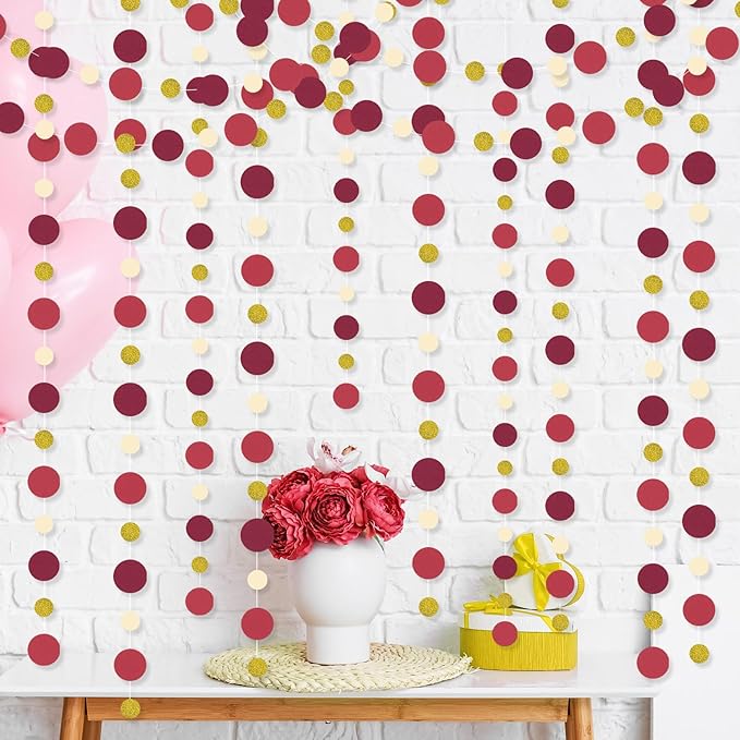 Outus 10 Pieces Maroon,Gold Round Dots Garland Graduation Party Hanging Decor Each Length 13.1ft Glitter Paper Dot Streamers for Birthday Wedding Classroom Supplies