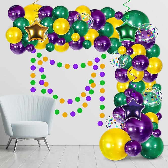 Mardi Gras Decorations Balloons Garland Arch Kit - Purple Green Gold Dot Banner & Hanging Swirls for Birthday Party Decor Supplies