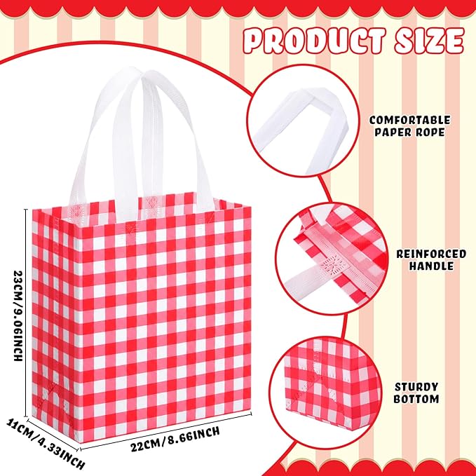 Sweetude 16 Pcs Red White Checkered Gift Bags with Handles Gingham Red and White Party Favors Non-woven Reusable Tote for Women Wedding Birthday Baby Shower Mother's Day Party Decorations