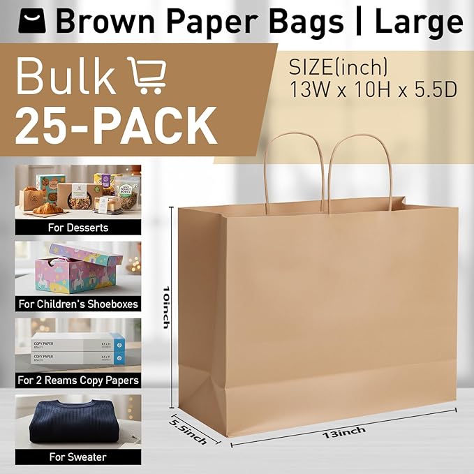 SUNCOLOR Brown Gift Bags with Handles, Large 13x10x5.5 Inch, 25 Pack, Reusable for Birthday, Wedding, Shopping, Party Favors