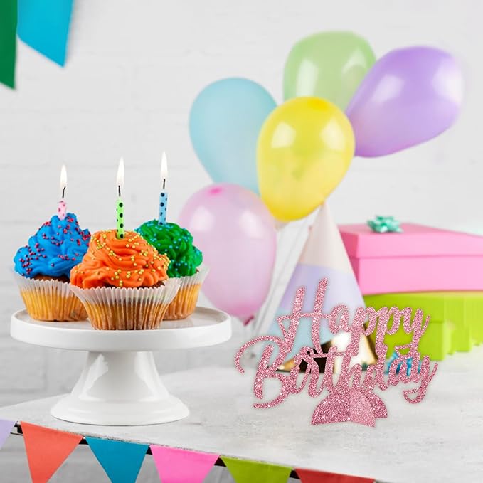 Happy Birthday Table Centerpiece, Pink Glitter Birthday Party Paper Free Standing for Women Men, HBD Script Table Centerpiece for Bday Party Supplies