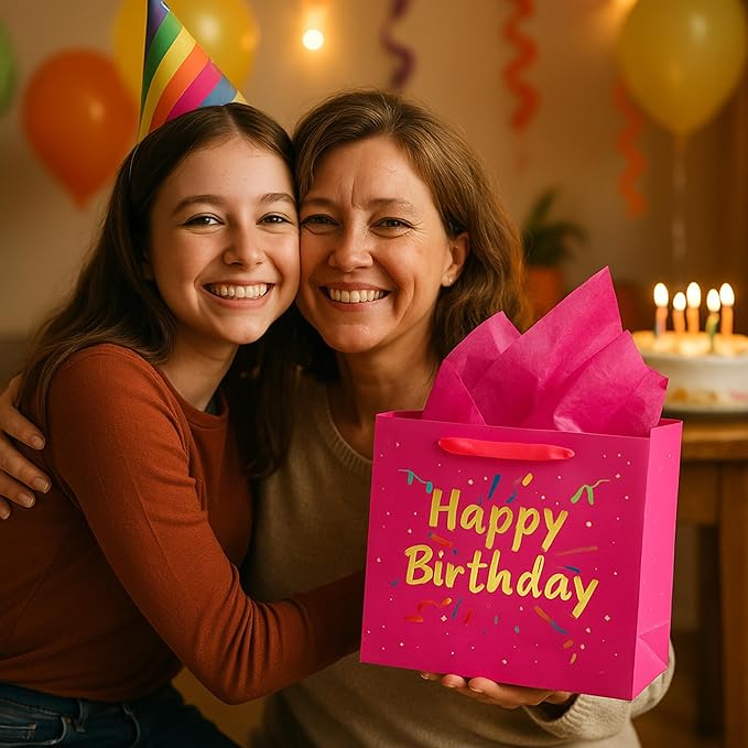 Febbleshow Pink Birthday Gift Bags with Tissue Paper - Matte Finish with Gold Foil Lettering and Confetti Design - Birthday Party Gift Bag for Men Women Kids - 13"x10.3"x4.7" (Pack of 2)