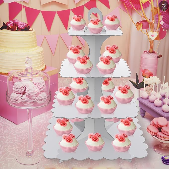 4-Tier Square White Cupcake Stand 2-Pack – Sturdy Cardboard Dessert Display for Weddings, Birthdays, Parties