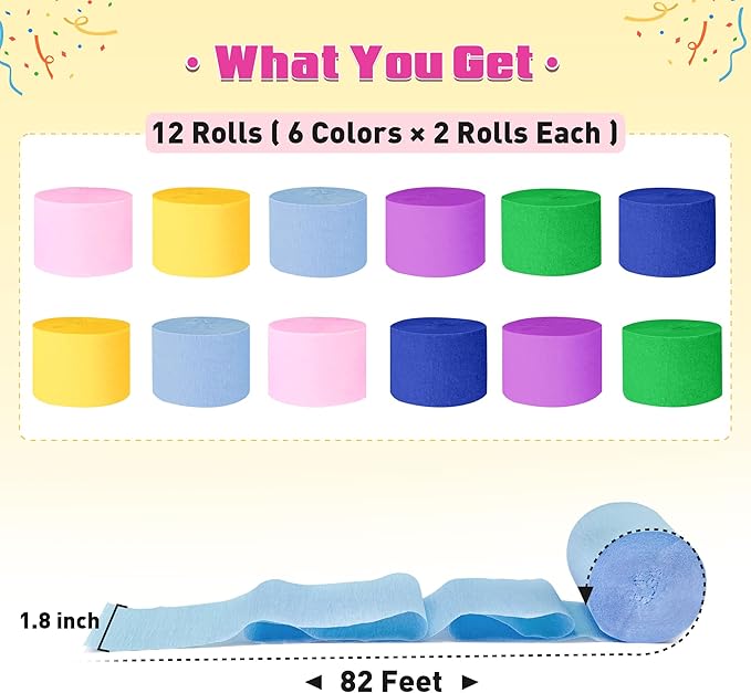 Crepe Paper Streamers, 12 Rolls Party Streamers, 6 Colors 984 Ft Streamers Party Decorations for Birthday, Wedding, Baby Shower, Holiday, DIY Crafts, Backdrop