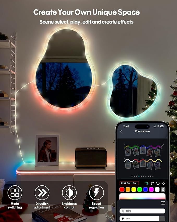 Super RGB Color Changing Globe String Lights, 66ft Smart RGB-IC Fairy Lights with Remote & APP Control, Mini Ball LED Twinkle Lights Hanging for Indoor Bedroom Living Room Party Birthday Decor