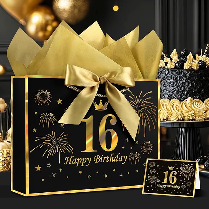 JMANNI Black Gold 16th Birthday Gift Bag with Card and Tissue Paper, 12.6"×9.84"×3.9" Elegant Present Bag for Teens, 16 Year Old Birthday Keepsake Party Supplies