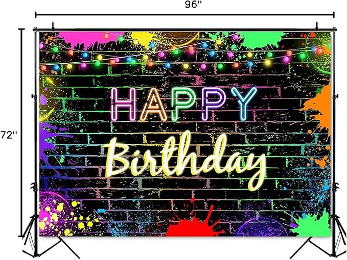 Mocsicka Glow Birthday Backdrop Neon Glow in The Dark Party Decoration Glow Crazy Rainbow Birthday Photo Backdround Photo Prop (Glow deign but Not Real Glow) (8x6ft(96x72 inch))