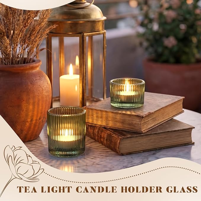 36 Pcs Vintage Green Ribbed Glass Tealight Holders Bulk, 18 Large & 18 Small Candle Holders for Christmas, Table Centerpieces, Wedding Decor, Birthday & Home Party Ambiance