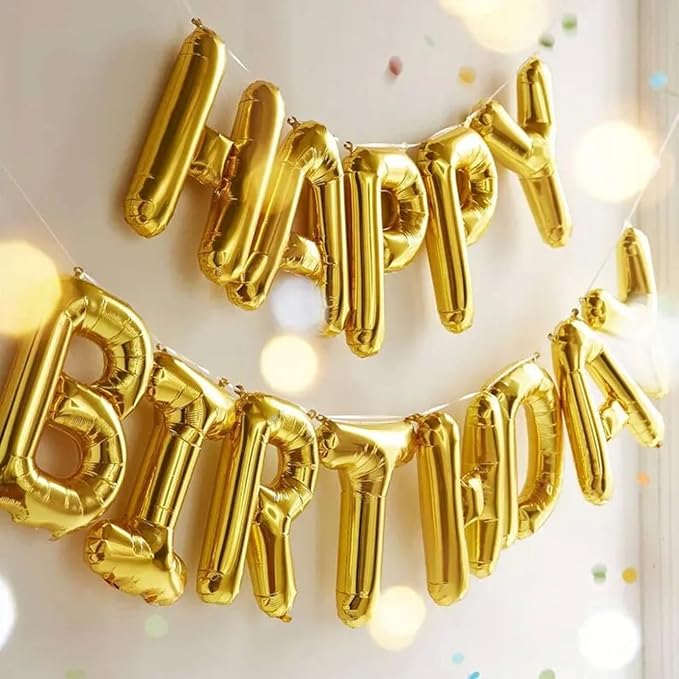 Gold Happy Birthday Balloon Banner, 16 Inch Mylar Foil Letter Balloons, Reusable Birthday Decorations with Gold Star Foil Balloons, Inflatable Party Supplies for Men Women Boys Girls Decorations