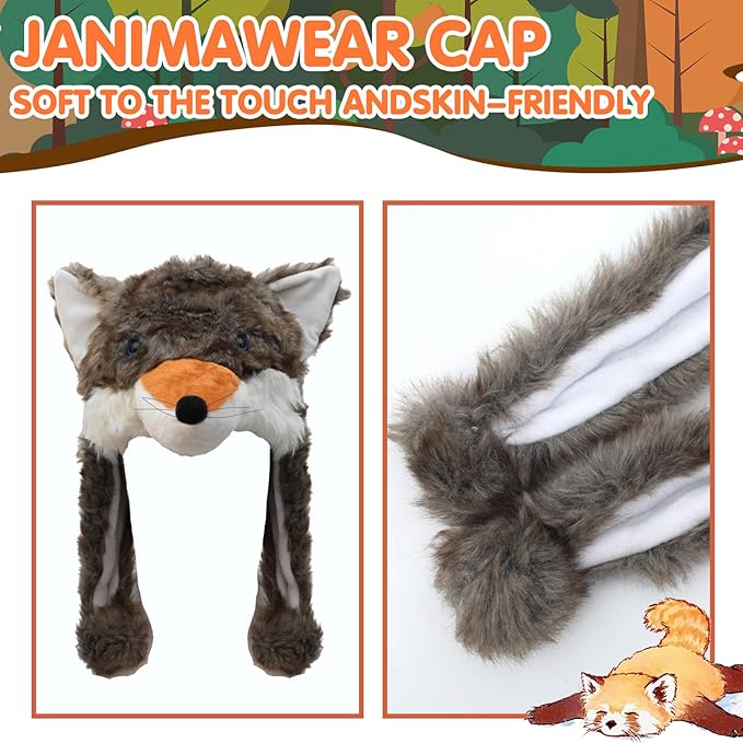 2 Pack Animal Hat Fox and Raccoon Plush Fun Jungle Animal Hats One Size Cap Polyester With Fleece Lining