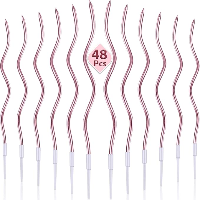 48 Pieces Twisty Birthday Spiral Cake Candles with Holders Long Thin Curly Coil Metallic Cake Cupcake Candles for Birthday Wedding Party Decoration(Metallic Rose Gold)