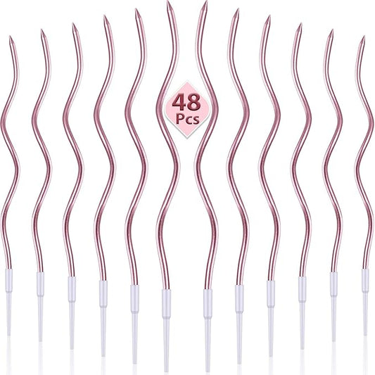 48 Pieces Twisty Birthday Spiral Cake Candles with Holders Long Thin Curly Coil Metallic Cake Cupcake Candles for Birthday Wedding Party Decoration(Metallic Rose Gold)