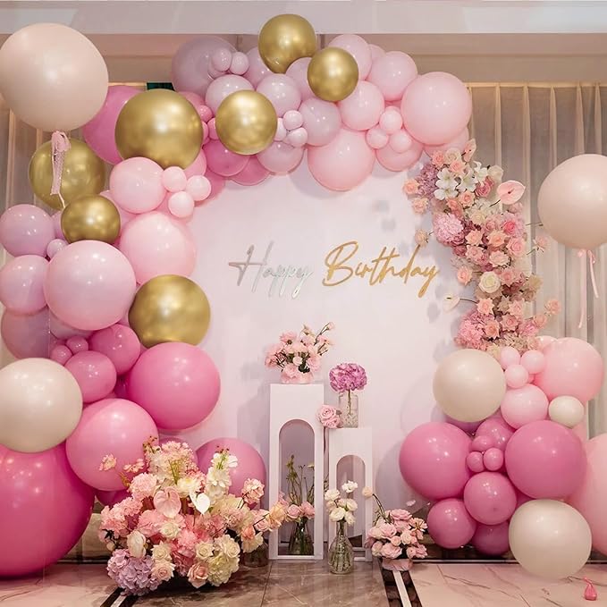 Mebay Dusty Blush Pink Nude Gold Balloon Arch Kit, 166Pcs Retro Pink Nude Metallic Gold and Macaron Light Pink Balloons for Bridal Baby Shower Girls Boho Birthday Wedding Decorations Supplies