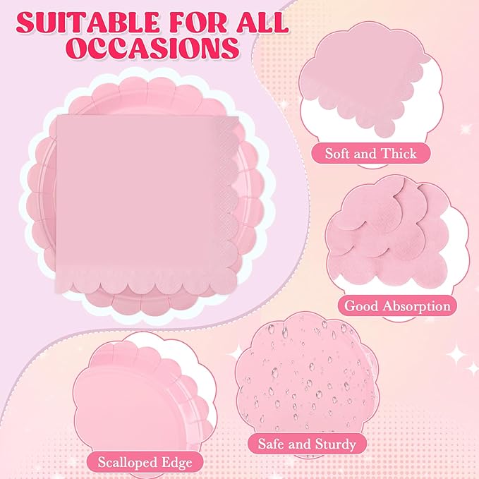 120 Pcs Paper Plates and Napkins Party Supplies Bulk Disposable 7 Inch Scalloped Plates Cocktail Napkins for Wedding Bridal Baby Shower Birthday Decorations, Serve 60(Pink Series)