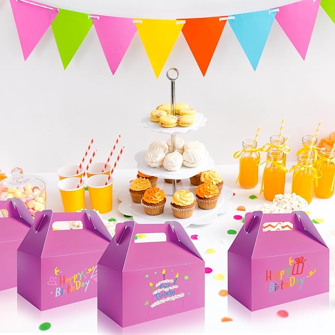 XAGLVV 24 Pack Pink Paper Gable Boxes,6.2 Inch Candy Boxes with Handle, Snack Party Favor& Gift Cookie bags for kids Birthday,Wedding, Baby Shower, Graduation.