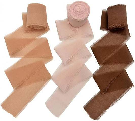 Chiffon Ribbon 3 Pack, 1.5 Inch Frayed Edge Polyester Chiffon Ribbon, 21 Yards Total in Light Pink, Dark Snow Bud and Coffee for Wedding Bouquet Wrapping, Gift Box Decoration and DIY Crafts