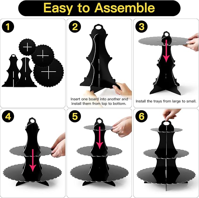 Soleebee 3-Tier Cupcake Stand, Cardboard Cupcake Tower, Dessert Cup Cake Stand Tower for Birthday Wedding Party Decoration, Cupcake Tier Stand 2 Set (Black)