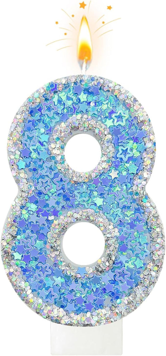 Blue Star Number 8 Candle for Cake Decoration, Glitter Star Cake Topper, Shaker Style Number Candle for Anniversary Celebration Party Supplies