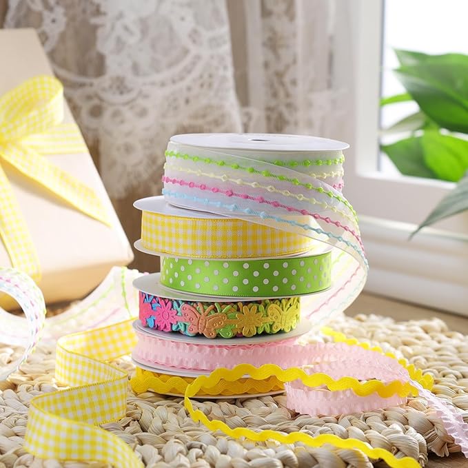 LaRibbons Spring Ribbons for Crafts, Assorted Multi-Color Ribbons 5 Yards Each for Spring Crafts, Gift Wrapping, DIY Bows, Floral Arrangements, Party Decorations, Scrapbooking