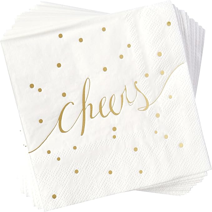 White and Gold Cocktail Napkins - Pack of 50 Disposable Bar Napkins - Wedding Baby Shower Birthday Graduation Dessert - 3 Ply - By Simple-Glee