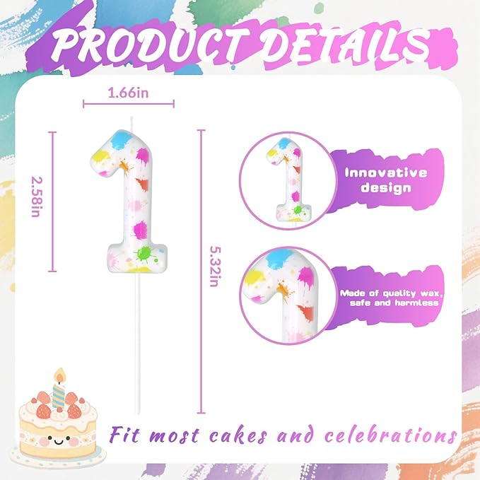Paint Birthday Candles, Art Paint Party Decoration Supplies, Birthday Number Candles for Cake Topper (Multicolour, Number 1)
