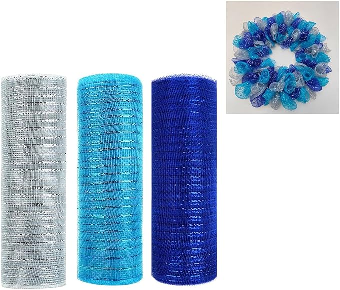 3 Rolls Blue Silver Deco Mesh Ribbon for Wreath Making Supplies, 10 Inch x 30FT Metallic Foil Burlap Deco Mesh Fabric for DIY Crafts Summer Christmas Door Wreath Swags and Decorating