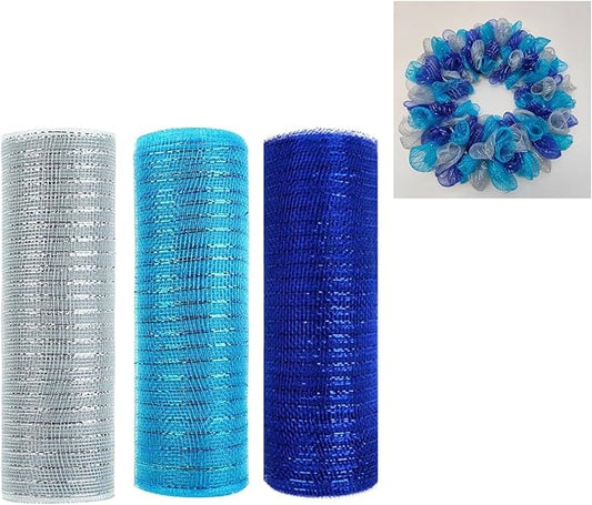 3 Rolls Blue Silver Deco Mesh Ribbon for Wreath Making Supplies, 10 Inch x 30FT Metallic Foil Burlap Deco Mesh Fabric for DIY Crafts Summer Christmas Door Wreath Swags and Decorating