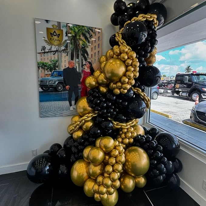 Black and Gold Balloons with 3pcs Starburst Balloons, 5 10 12 18 inch Black and Gold Balloons Garland Arch Kit for Birthday, 2026 New Years, Graduation and Anniversary Decorations Supplies