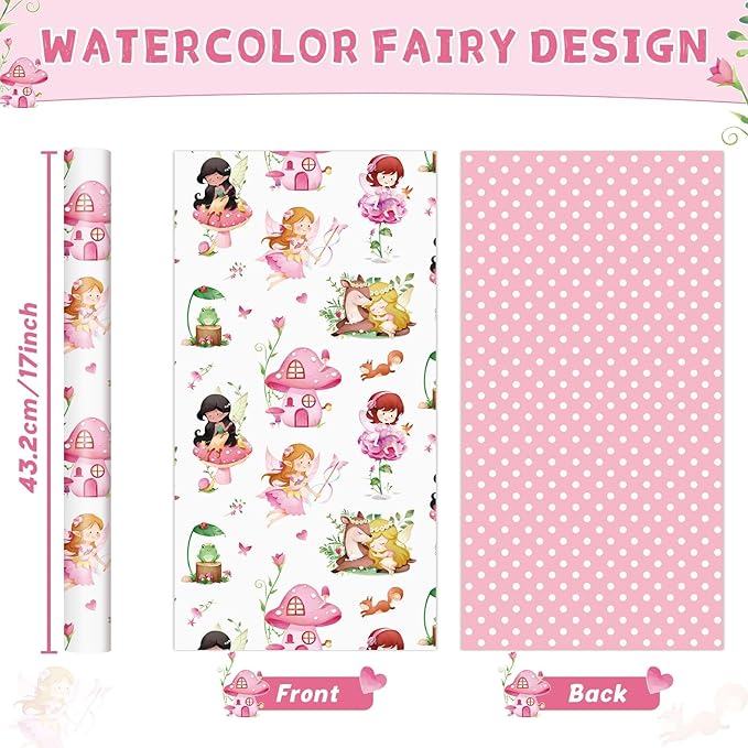 WERNNSAI Fairy Wrapping Paper Roll - 1 Roll 17”x 33 ft Pink Fairy Birthday Wrapping Paper for Girls Reversible Gift Wrap with Polka Dot Design for Birthday Baby Shower Party Favor