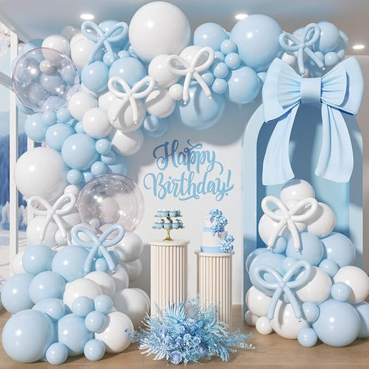 200Pcs Blue and White Balloon Garland Arch Kit - Light Blue White Balloons 18 12 10 5 Inch Different Size Balloons for Birthday Baby Shower Bachelorette Gender Reveal Party Decoration Supplies