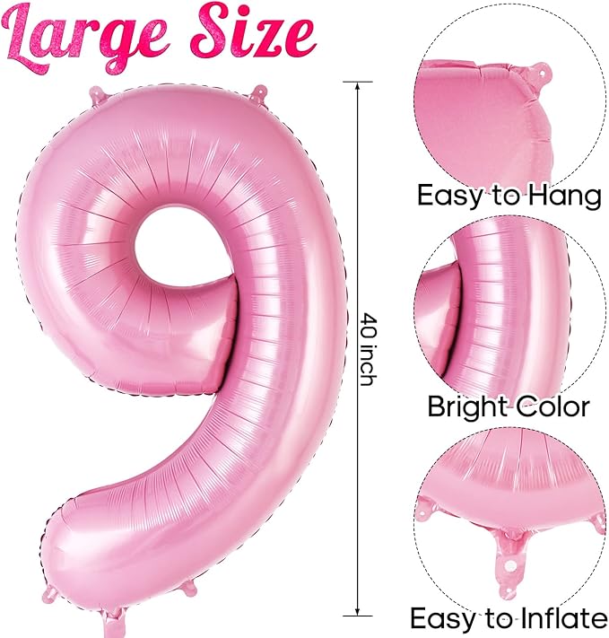 Pink Number 9 Balloon 40 Inch, Big Large Foil Helium Number Balloons, Jumbo Giant Mylar Number 9 Balloons for 9 Year Old Birthday Party Decorations Supplies Anniversary Celebration