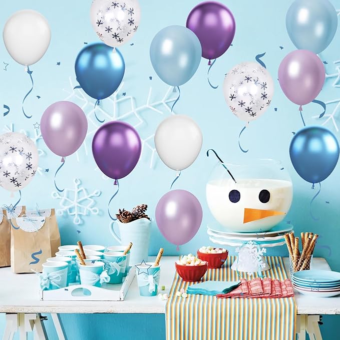 Biapian Frozen Balloons, 60 Pcs Blue Purple Balloons, 12 Inch Metallic Blue Purple Latex Balloons Silver Snowflake Confetti Balloons for Girls Frozen Snowflake Ice Snow Theme Birthday Party Decoration