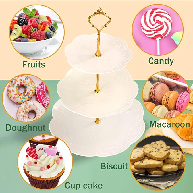 Barelove 3 Tier Plastic Cupcake Stand, Cake Display Tiered Serving Tray, 2 Pack Plastic Dessert Pastry Candy Platter Holder Tower for Wedding, Birthday, Tea Party, Baby Shower Decor (Round, White)