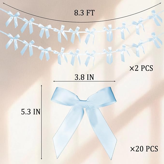 2pcs Blue Bow Garland Banner - 8.3 Feet Coquette Ribbon Bow Decorations for Baby Shower, Birthday Party, Bridal Shower Decor (Blue)