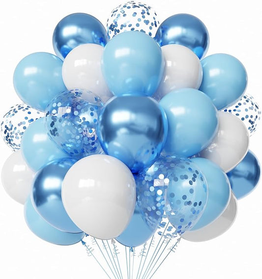 Blue and White Latex Balloons, 60pcs 12 Inches Metallic Blue and White Confetti Balloons with 1 Ribbon for Bridal Shower, Birthday, Baby Shower Party Decorations