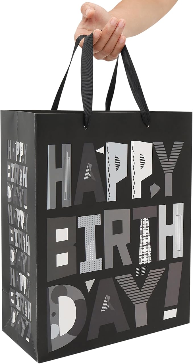wishinside 13” Large Black Happy Birthday Gift Bag Set with Handles, Greeting Card, Tissue Papers and Stickers for Men Boys Kids Teens, Cartoon Design, 1 Pcs