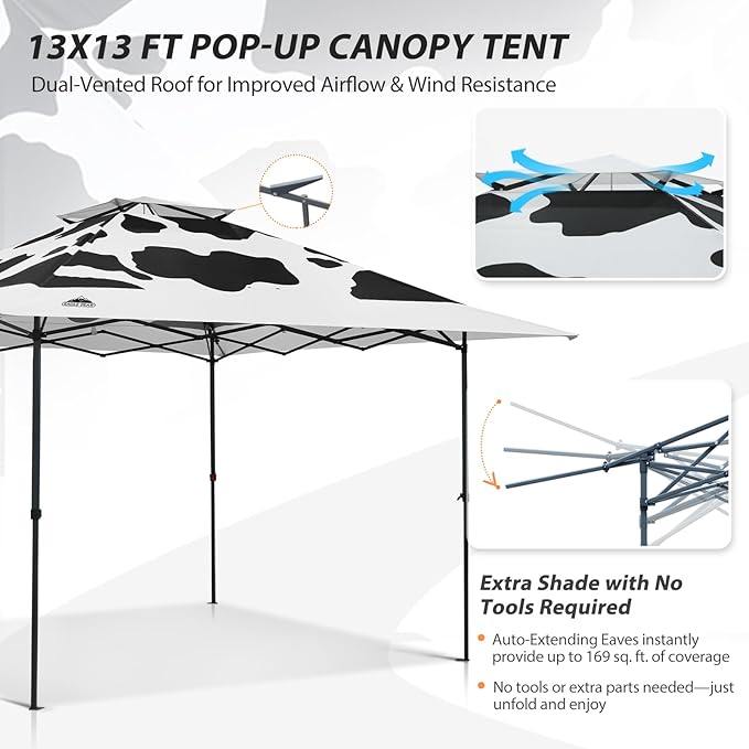 EAGLE PEAK 13x13 Straight Leg Pop Up Canopy Tent Instant Outdoor Canopy Easy Single Person Set up Folding Shelter w/Auto Extending Eaves 169 Square Feet of Shade (Cow Print)