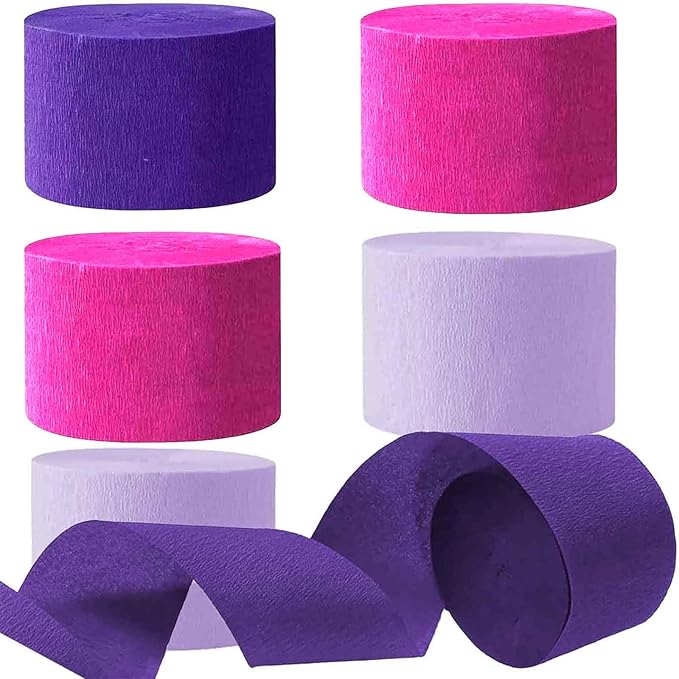 We Moment Hot Pink & Purple Crepe Paper Streamers - 1.8 Inch Widening, 6 Rolls, 83 Feet per Roll for Birthday & Wedding Parties