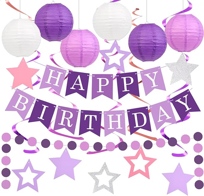 Happy Birthday Decorations, Purple Birthday Party Decorations Set with Happy Birthday Banner, Paper Lanterns, Star Swirl Hanging Decorations & Circle Dots Garland